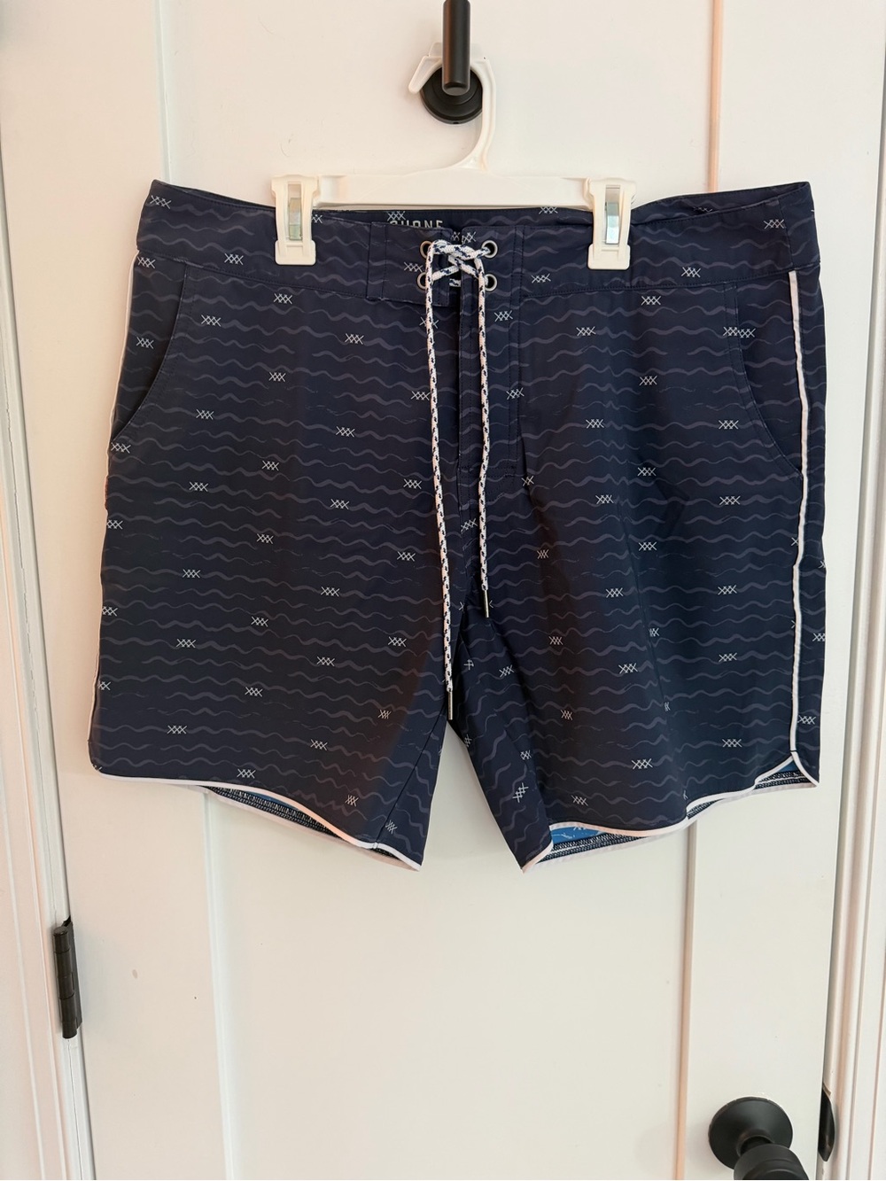 RHONE Navy Patterned Men's Board Shorts with White Trim
